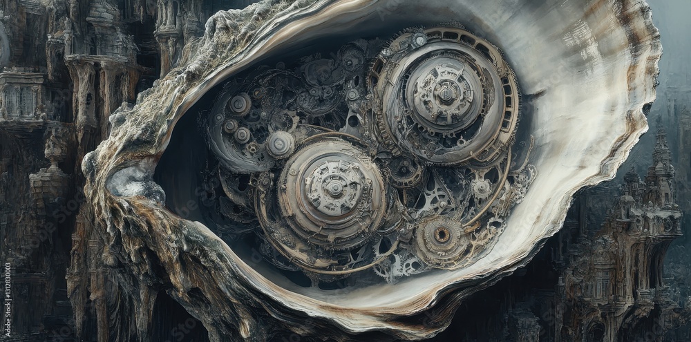 Poster a detailed mechanical design found within a large shell opening