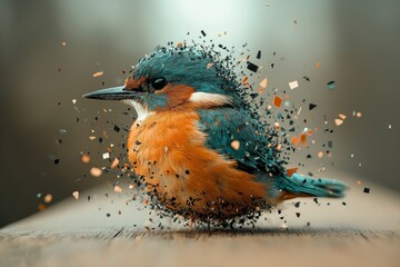 A vibrant kingfisher dissolving into tiny digital fragments, representing the fusion of nature and technology in a surreal artistic concept, Generative AI