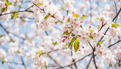 Obraz premium Zarte rosa Kirschblüten (Sakura) blühen an Zweigen vor einem strahlend blauen Himmel. Ein frisches und lebendiges Frühlingsmotiv. Generative KI.