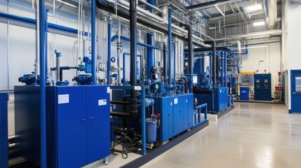 A detailed view of machinery and equipment actively working at a wastewater treatment facility.