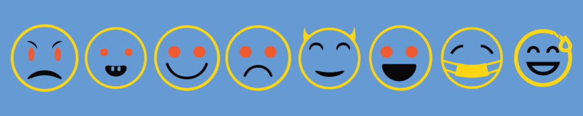 Set of face and sad emojis icons. High quality emoticons comment social media Facebook chat comment reactions, icon template face tear, smile sad, hug love like, Lol, laughter emoji character message