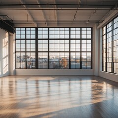 Fototapeta premium Sunlit empty loft interior with large windows and hardwood floors.