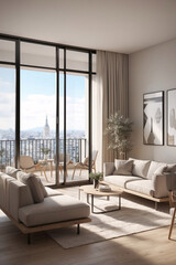 Sleek beige minimalist living room interior with large second floor window offering a spectacular urban view and modern decor Interior Design Inspiration