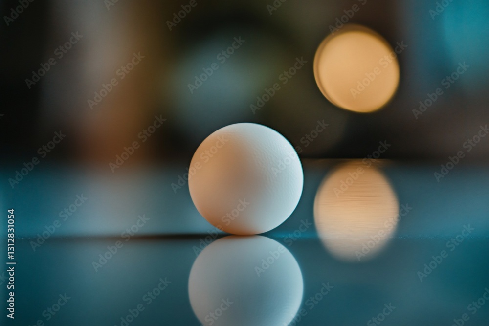 Poster white sphere reflecting on a glossy surface with bokeh lights.