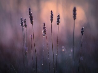 Dew-kissed lavender stalks at sunrise, soft focus background.
