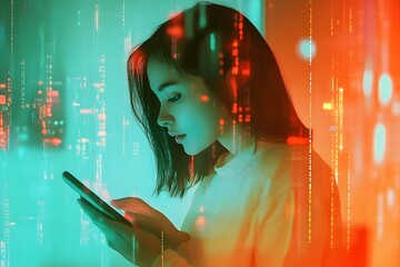 Young woman using tablet, digital overlay