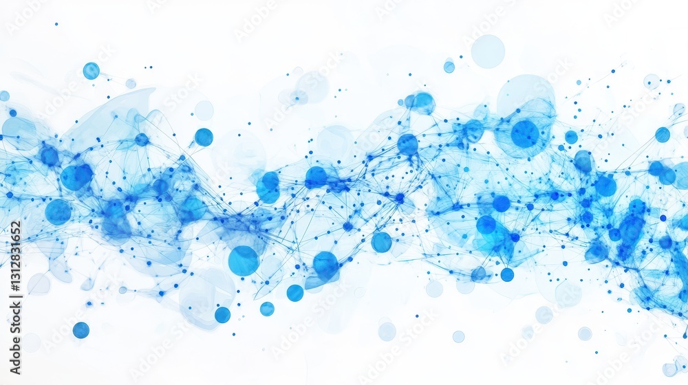 Poster a digital abstract design featuring blue dots and lines, isolated on a white background.
