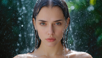 Portrait of a beautiful young woman standing in drops of fresh natural water of a waterfall
