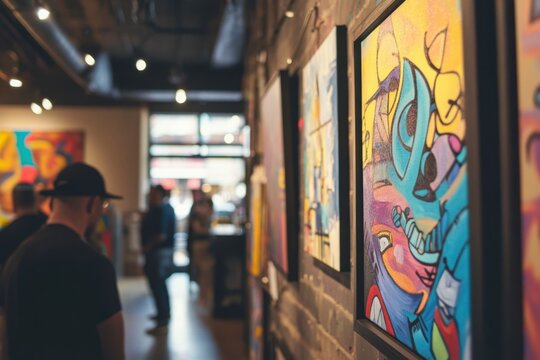 Art Gallery Exhibition Featuring Visitors Observing Colorful Abstract Paintings, Decorative Art Displays, and a Modern Interior Design