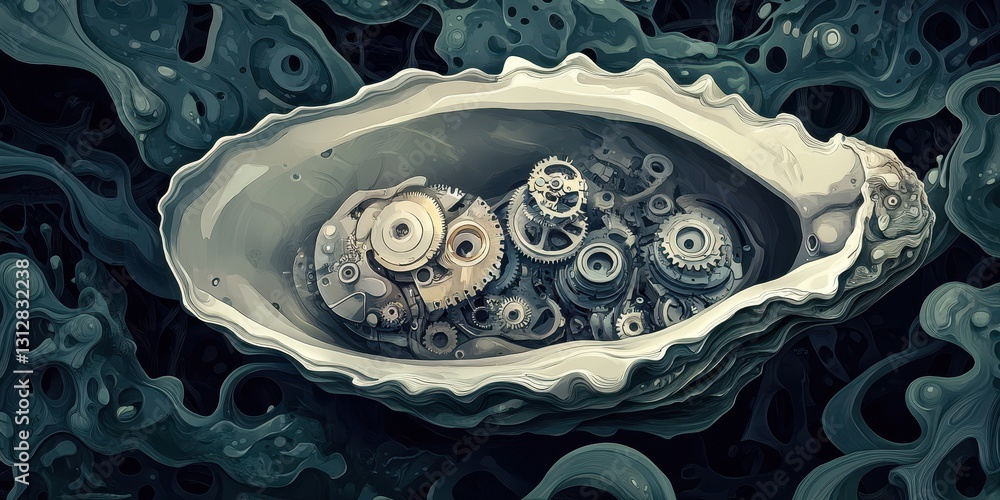 Poster an oyster shell with intricate clockwork mechanisms inside it