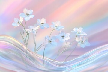 Obraz premium Delicate White Flowers on Abstract Holographic Background with Iridescent Waves