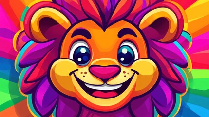 Colorful Cartoon Lion Face on Rainbow Background