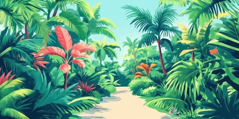 An artistic vibrant painting of a tropical forest with a pathway