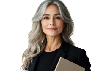Confident businesswoman holding a notebook and coffee, showcasing professional style in a modern office setting