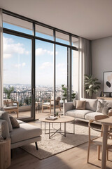 Spacious beige minimalist living room on the second floor with large window offering beautiful city view and plenty of sunlight Interior Design Inspiration