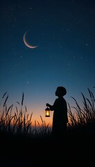 Silhouette of a Child Holding a Lantern at Dusk with Crescent Moon and Stars – Eid Mubarak Background