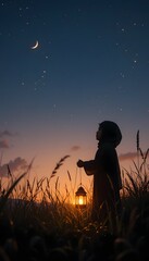 Silhouette of a Child Holding a Lantern at Dusk with Crescent Moon and Stars – Eid Mubarak Background