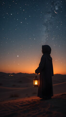 Silhouette of a Child Holding a Lantern at Dusk with Crescent Moon and Stars – Eid Mubarak Background