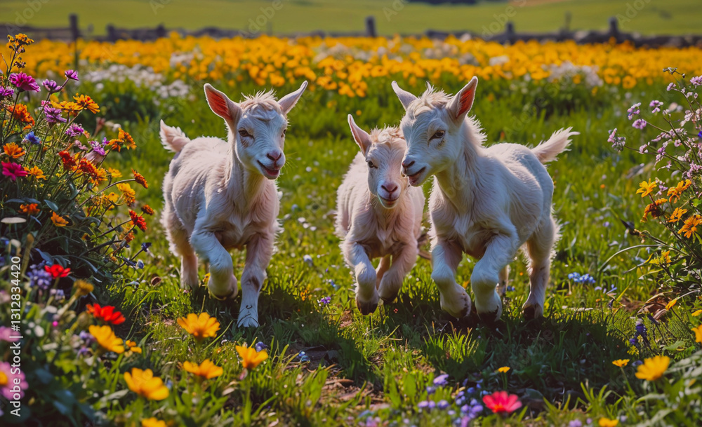 Fototapete three white goats running through a field of flowers. the goats are small and fluffy, and they seem 