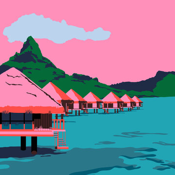 Vacation tourist cabins on the clear water in French Polynesia, vacation spot.