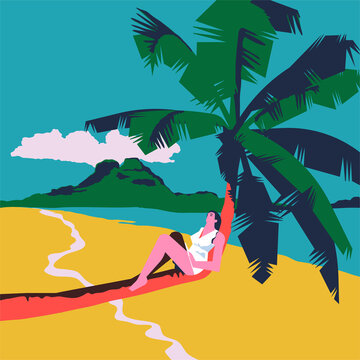 Young girl resting on the trunk of a palm tree on a sunny and relaxing summer day at the beach.
