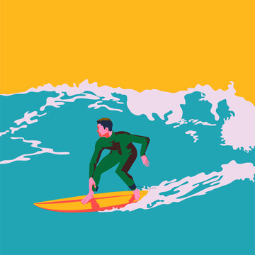 Surfer practicing surfing sport in summer at the beach