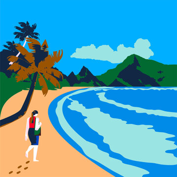 Young woman walking on a quiet exotic beach on a sunny day.