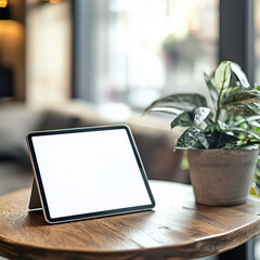 A small tablet with white mock up screen on a wooden table in a modern hotel