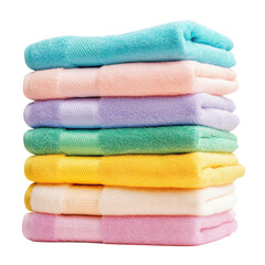 A stack of colorful towels neatly folded and isolated on a white background