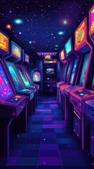 A neon lit arcade room features video game machines