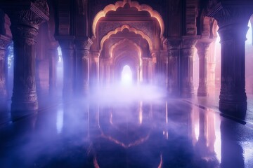 temple, mystical, corridor, fog, ancient, mysterious, fantasy, surreal, golden, arches, historic, majestic, sacred, divine, enchanted, atmospheric, dreamlike, soft light, magical, spiri, Generative AI