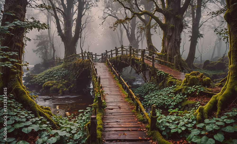 Poster bridge over a river in a forest with moss growing on the bridge. the bridge is wooden and has a moss