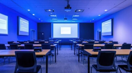 Empty modern conference room with blue lighting