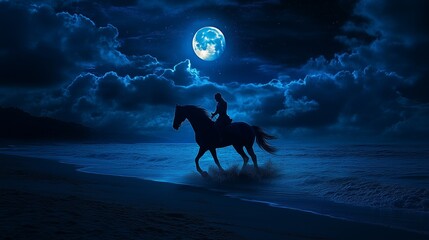 A Majestic Night Ride: Silhouette of a Horse and Rider Galloping Along the Moonlit Beach Under a Cloudy Sky with a Full Moon Illuminating the Scene