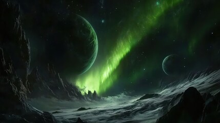 Alien Planet with Green Aurora