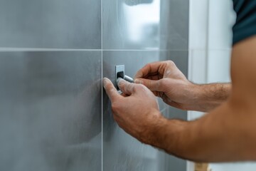 A tiling expert meticulously installs wall tiles, demonstrating precision and professionalism while creating a beautiful surface for interior spaces.