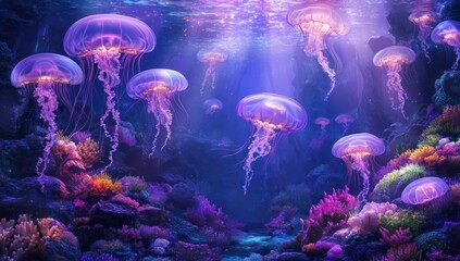 Glowing jellyfish swarm ocean reef, underwater fantasy, vibrant coral background, marine life wallpaper