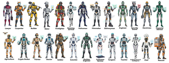 Professional AI robots collection set over white and transparent background. Colorful illustration vector