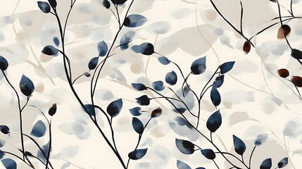 Watercolor-style floral pattern with delicate branches and translucent leaves in shades of blue and beige on a cream background
