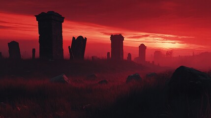 Blood-red sunset over a desolate graveyard with weathered tombstones and fog.