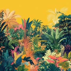 A vibrant tropical jungle scene with diverse colorful foliage and flowers
