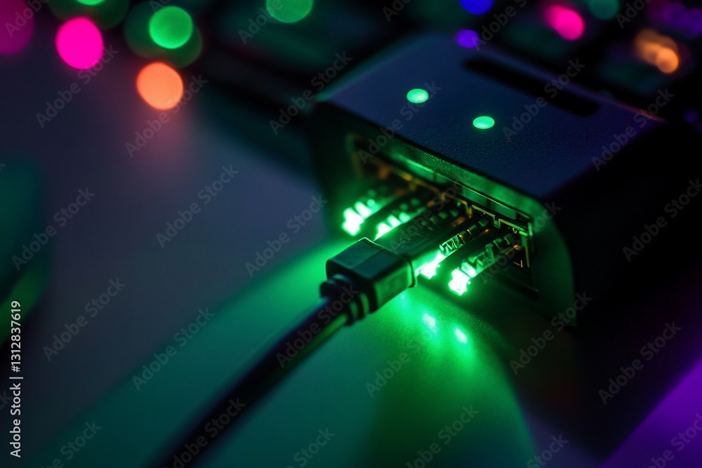 Aufkleber close-up of ethernet cables plugged into a network switch with glowing lights.