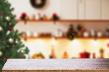 empty christmas table top background with christmas tree