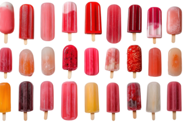 Colorful assortment of frozen fruit pops on display featuring various flavors and textures