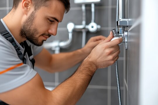 A skilled handyman meticulously adjusts a bathroom faucet, portraying the essence of professional craftsmanship and attention to detail in home renovation and plumbing work.