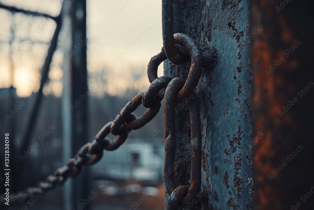 Poster close-up of rusty chain linked to a weathered metal post at sunset.