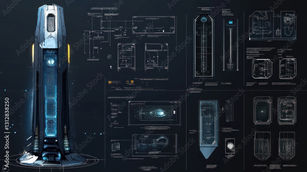 Poster futuristic tech device with blueprints