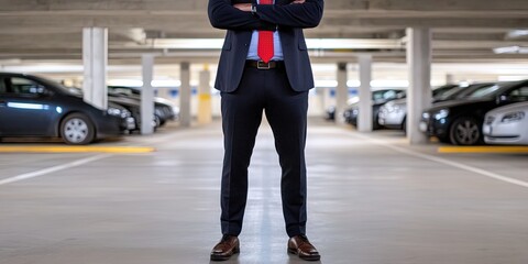 photo of friendly entrepreneur standing in parking garage 