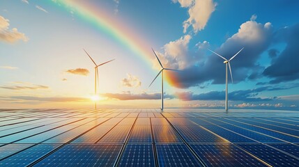 Solar panels and wind turbines under a vibrant rainbow at sunset, representing renewable energy, sustainability, and environmental responsibility, Generative AI
