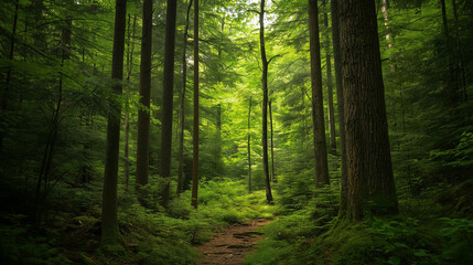 Fototapeta premium Sunlight streaming through lush forest canopy, highlighting verdant pathway and creating serene woodland atmosphere